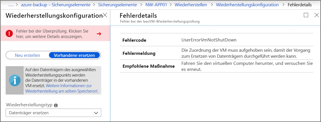 Screenshot: Fehlerdetails bei Ausführung einer VM