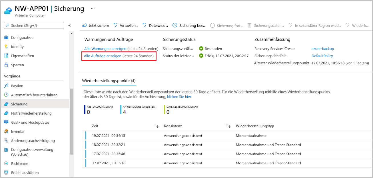 Screenshot der Ansicht der Details für den Wiederherstellungsauftrag.