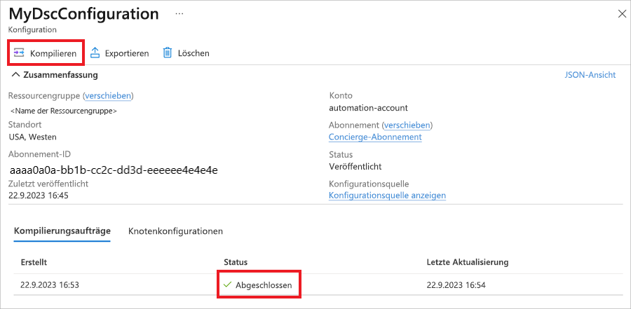 Screenshot des Azure-Portals mit dem Status des Kompilierungsauftrags für die Konfiguration