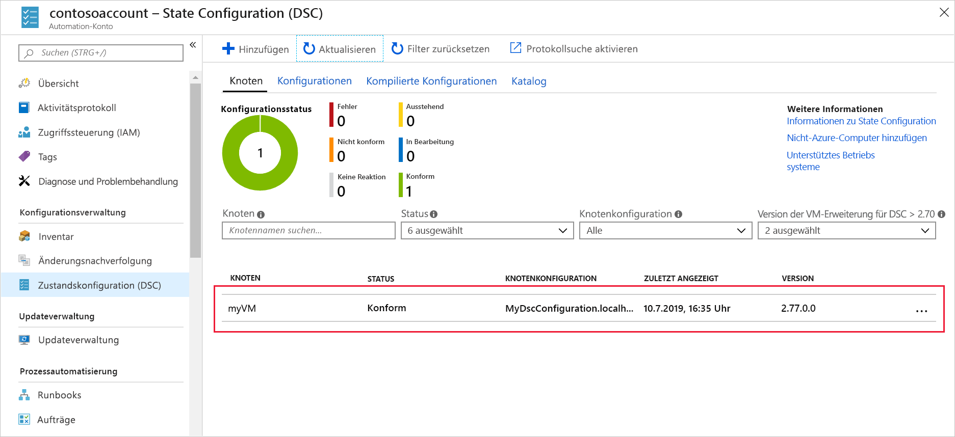 Screenshot des Azure-Portals mit dem Bereich „Knoten“ und der registrierten VM „myVM“