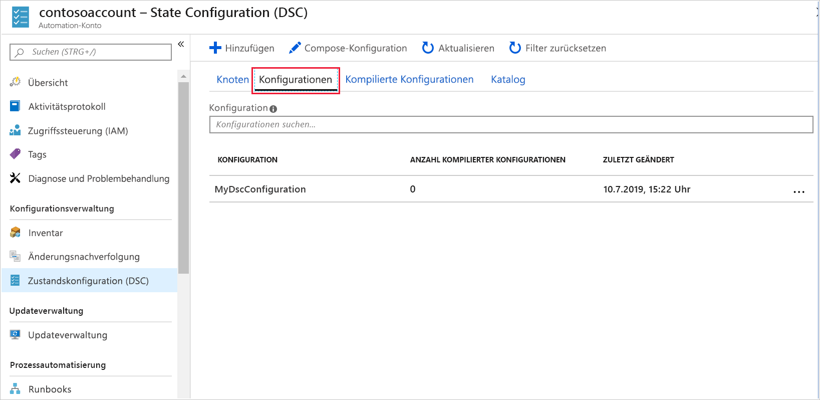 Screenshot des Azure-Portals mit den verfügbaren Zustandskonfigurationen im Bereich „State Configuration (DSC)“