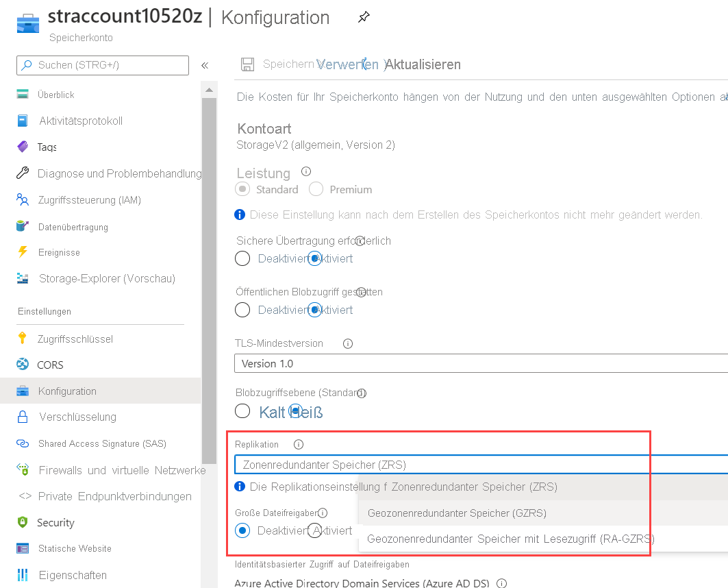 Screenshot of the storage account configuration, where you can change the replication type from ZRS to GZRS.