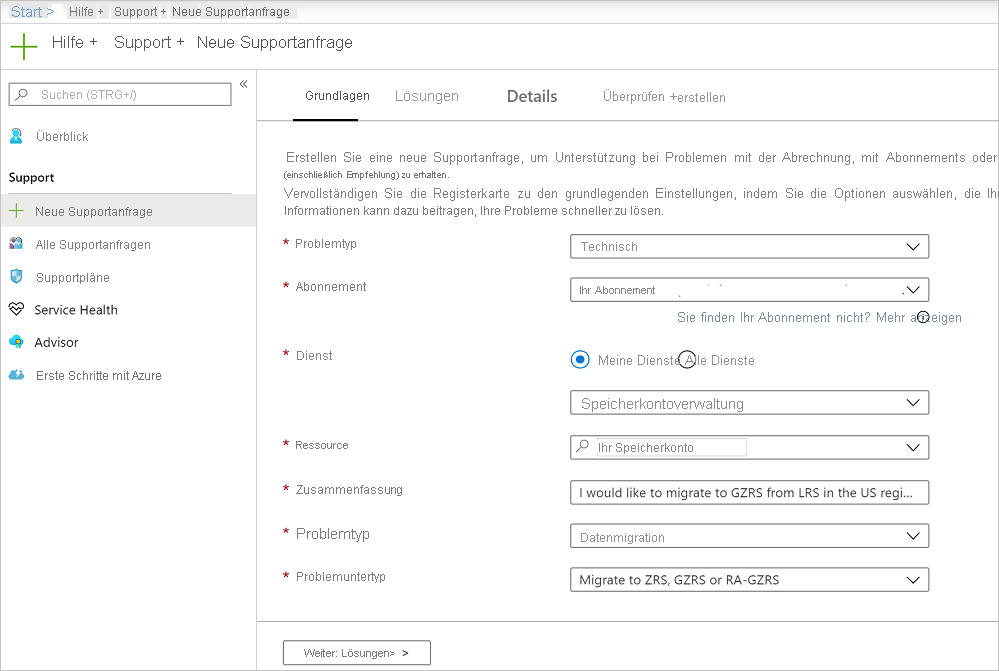 Screenshot of an example Azure support ticket where you can request the service: storage account management, problem type: data migration, and problem subtype: migrate to ZRS, GRS, or RA-GZRS.