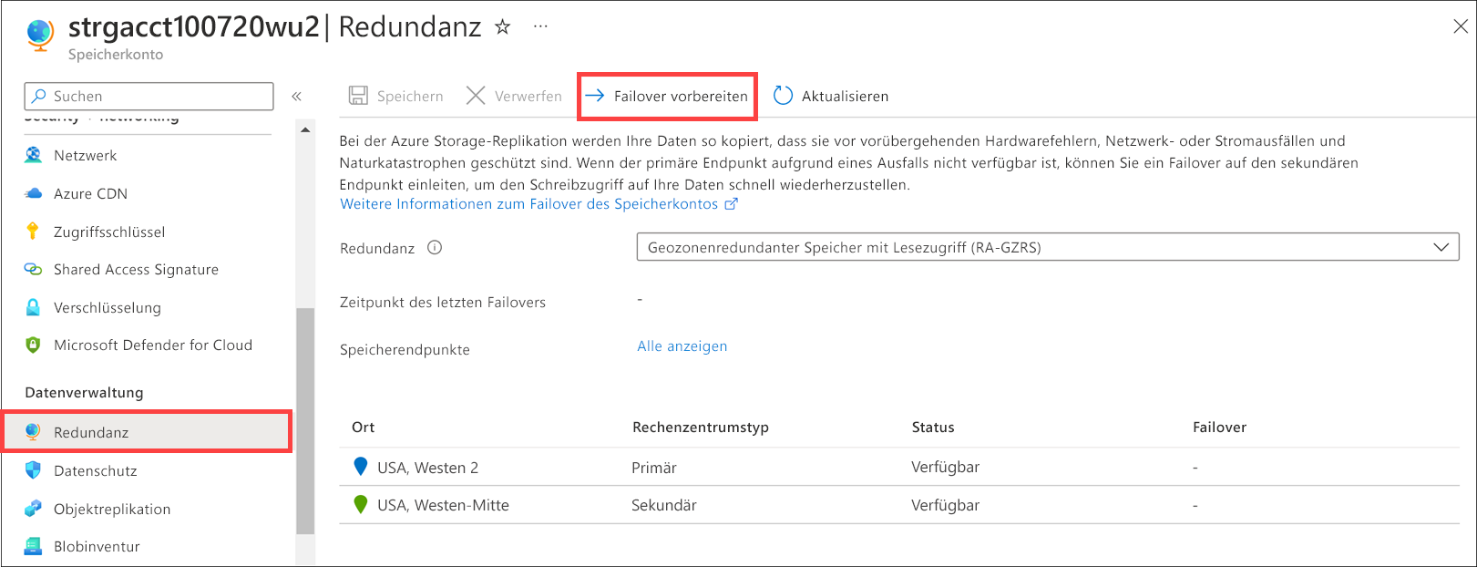 Screenshot of the Prepare for failover button on Storage account > Redundancy in the Azure portal.