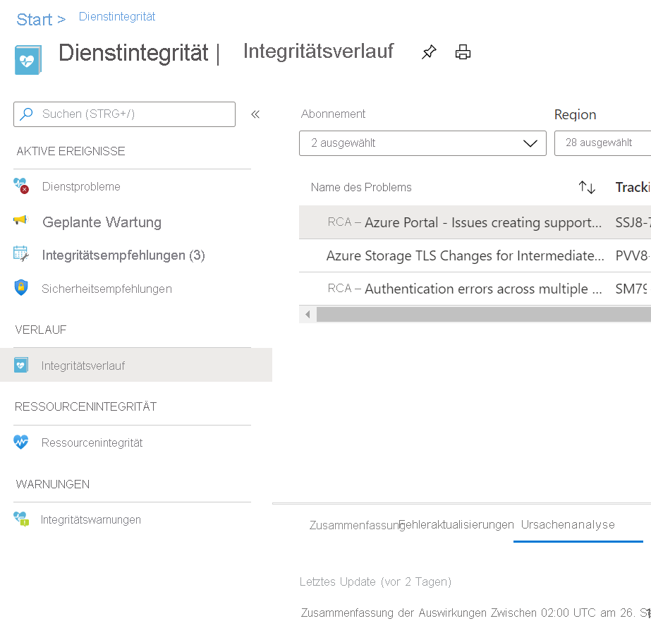 Screenshot of Azure Service Health > Health history that lists issues that impact your subscriptions.