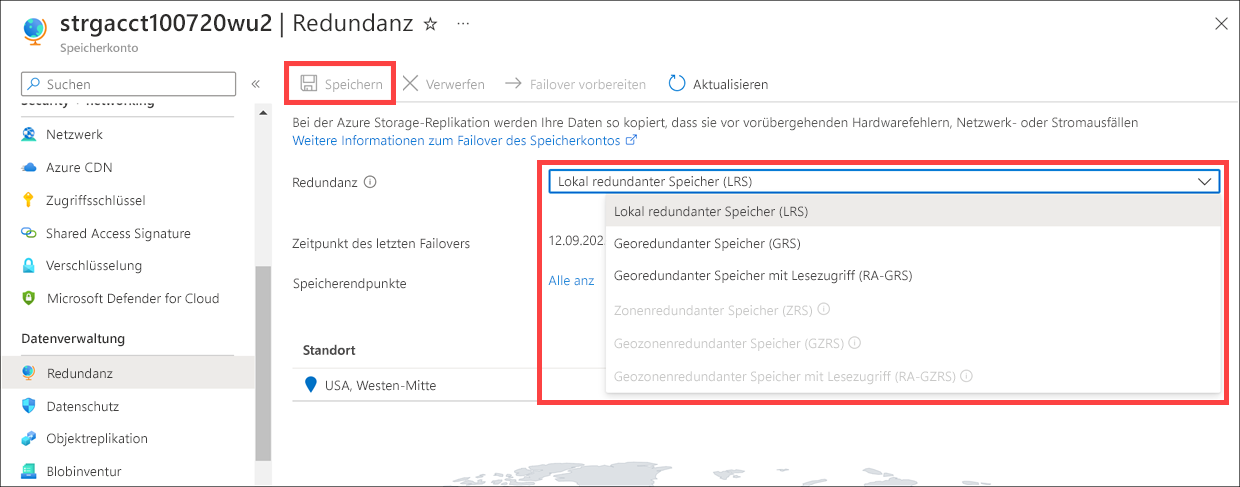 Screenshot of the geo-replication page, where you can change the replication from LRS to GRS.