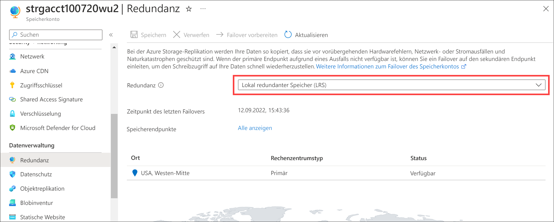 Screenshot of the geo-replication page that shows the replication type is now LRS and data is stored in one location.