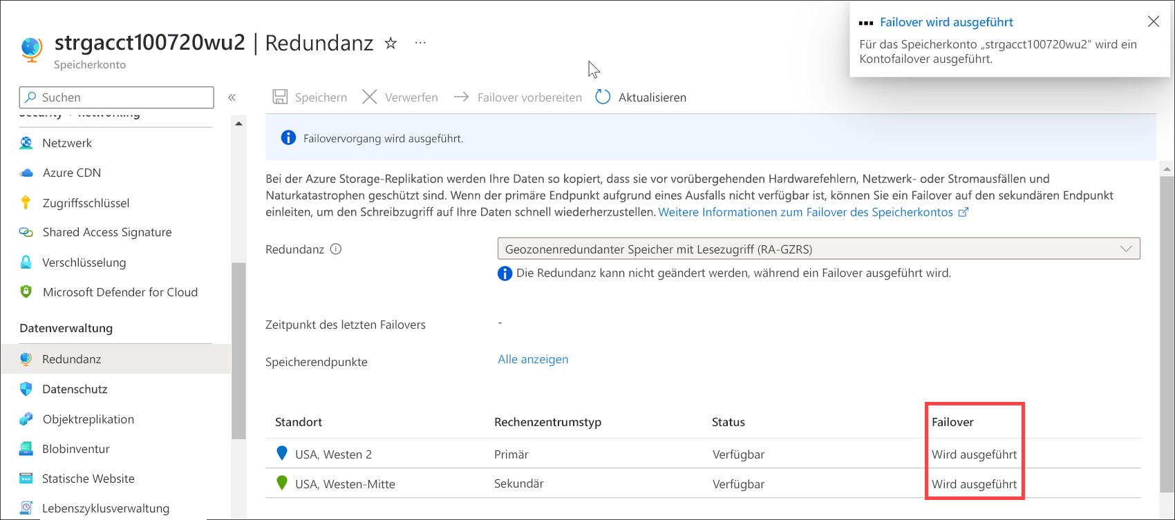 Screenshot of the geo-replication page that shows the failover status is in progress.