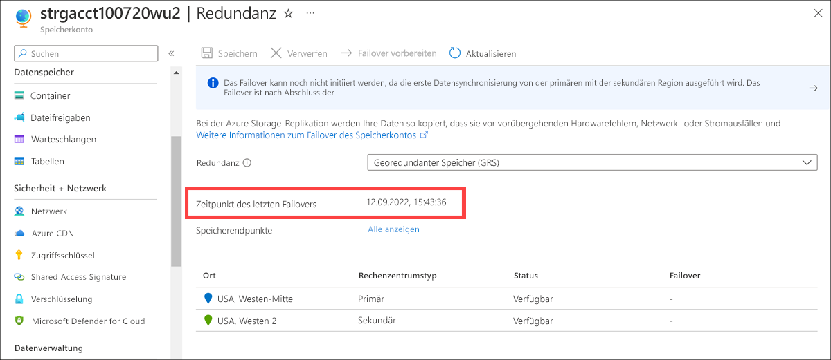 Screenshot that shows an updated last failover time on the geo-replication page.