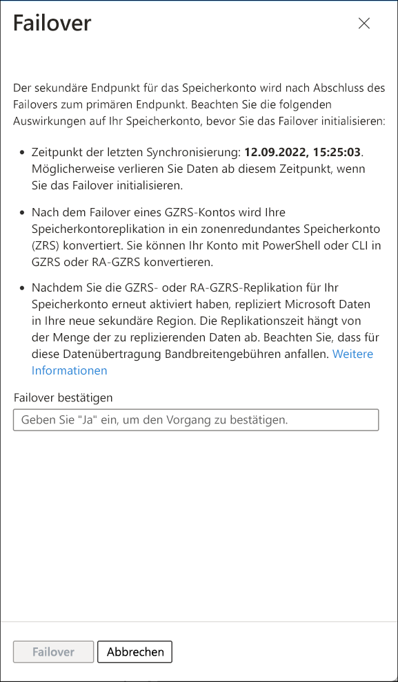 Screenshot that shows the last sync time and requests you confirm failover by entering yes.