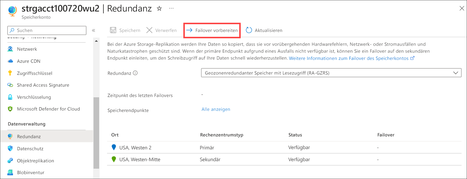 Screenshot of the Prepare for failover button at the bottom of the geo-replication page.