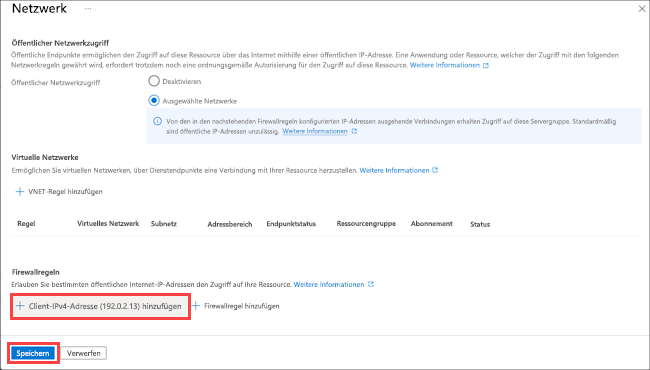 Screenshot des Bereichs mit den Firewalleinstellungen für SQL-Datenbank im Azure-Portal mit hervorgehobener Option „Client-IP4-Adresse hinzufügen“