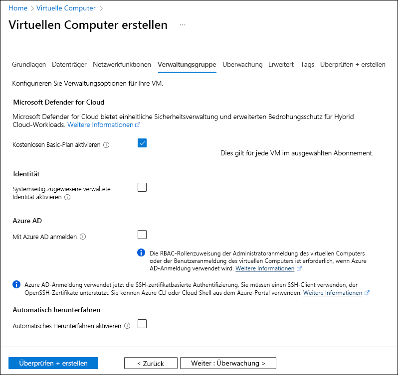 Screenshot: Die Registerkarte „Verwaltung“ des Assistenten zum Erstellen eines virtuellen Computers