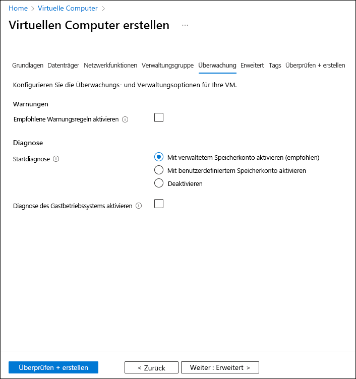 Screenshot: Die Registerkarte „Überwachung“ des Assistenten zum Erstellen eines virtuellen Computers