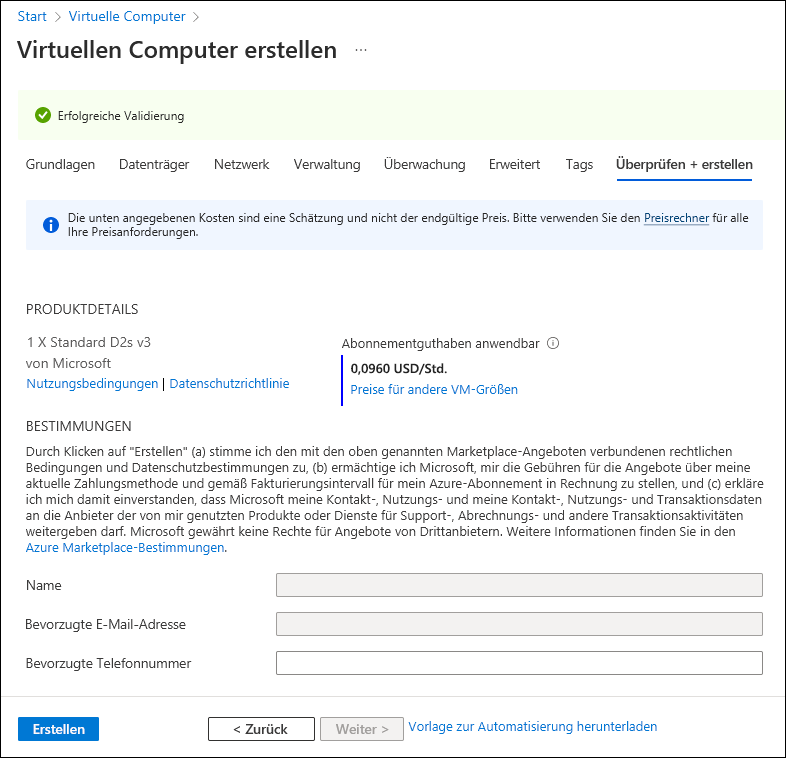 Screenshot: Die Registerkarte „Überprüfen + erstellen“ des Assistenten zum Erstellen eines virtuellen Computers