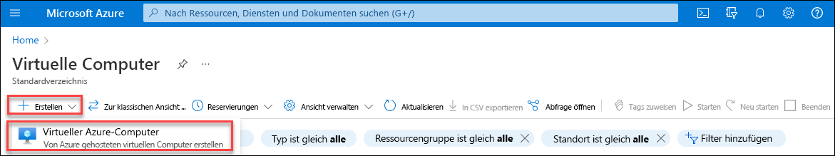 Screenshot: Das Menüelement „Erstellen“ und die Azure-VM-Option