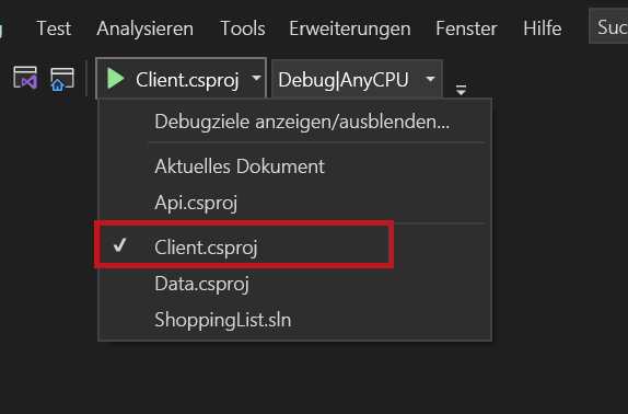 Screenshot showing the client project selected.