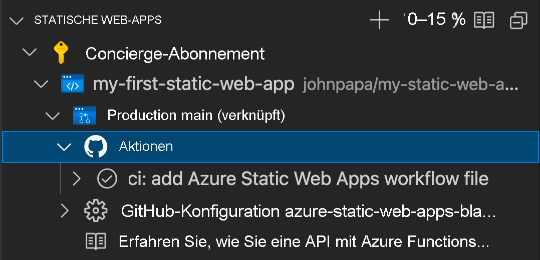 Screenshot: Überprüfen des Fortschritts über GitHub Actions