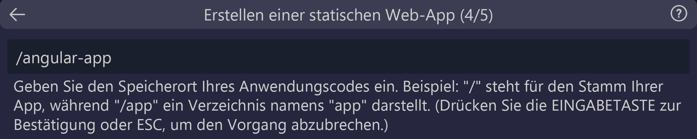 Screenshot: Der Codespeicherort, der als „angular-app“ eingegeben wurde