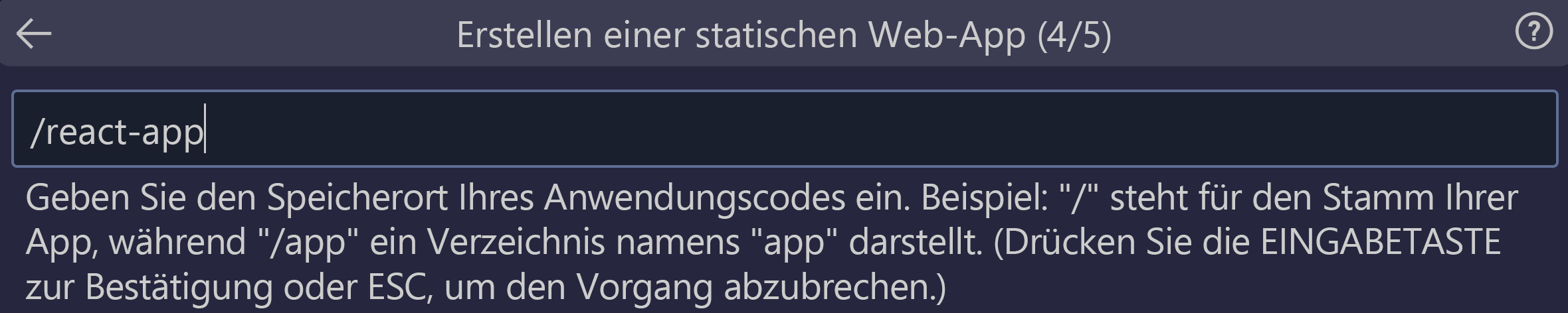 Screenshot: Der Codespeicherort, der als „react-app“ eingegeben wurde