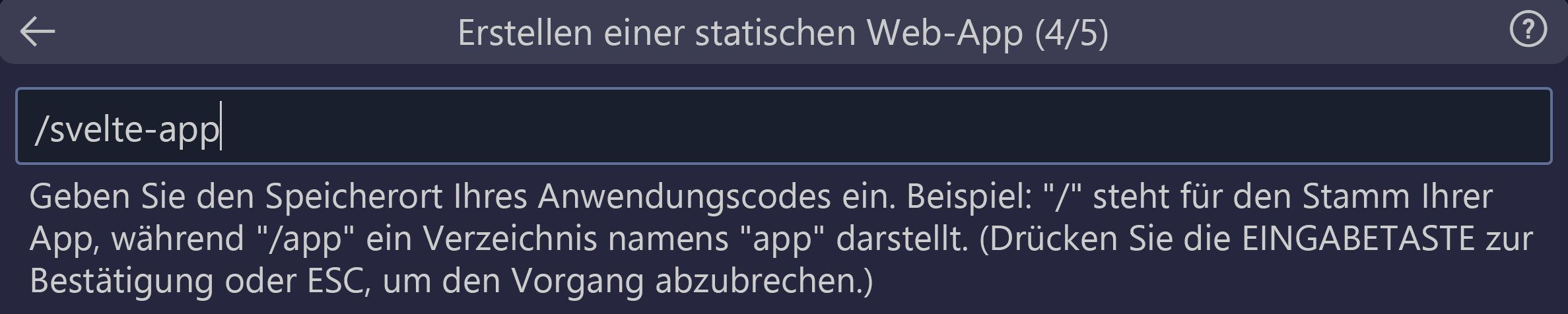 Screenshot: Der Codespeicherort, der als „svelte-app“ eingegeben wurde