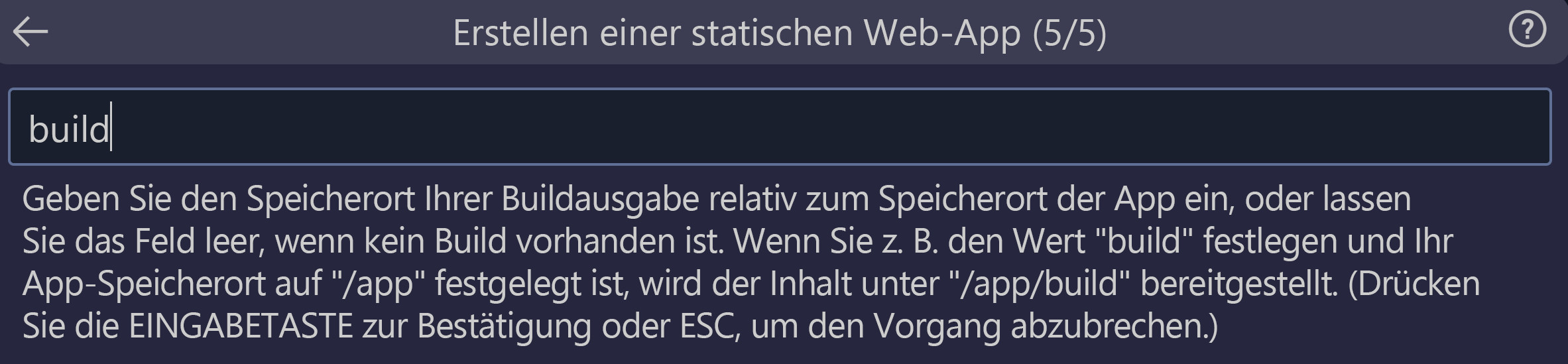 Screenshot: Eingeben des Buildausgabespeicherorts für React