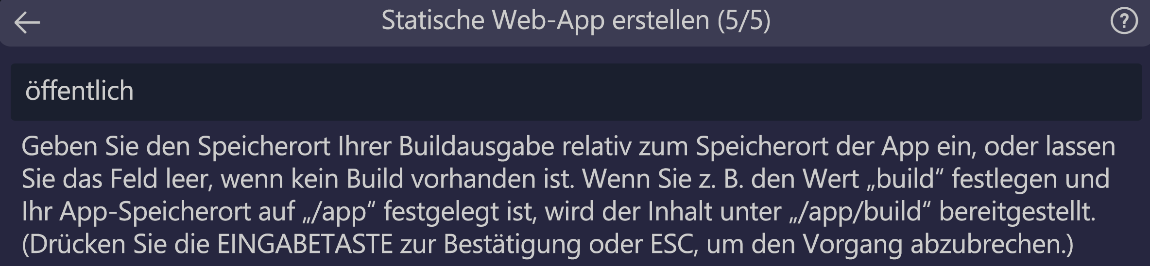 Screenshot: Eingeben des Buildausgabespeicherorts für Svelte