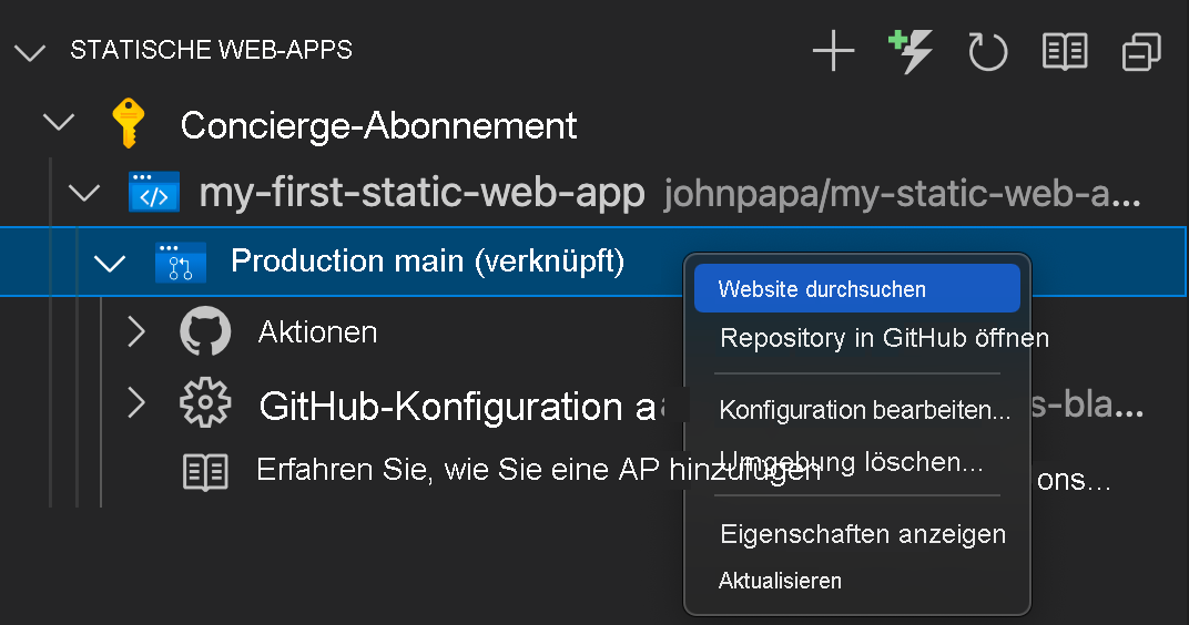 Screenshot: Navigieren zu Ihrer statischen Web-App