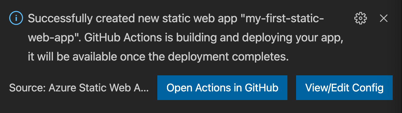 Screenshot: Der Bestätigungscode, in dem der*die Benutzer*in aufgefordert wird, „Open actions in GitHub“ (Aktionen in GitHub öffnen) oder „Konfiguration anzeigen/bearbeiten“ auszuwählen