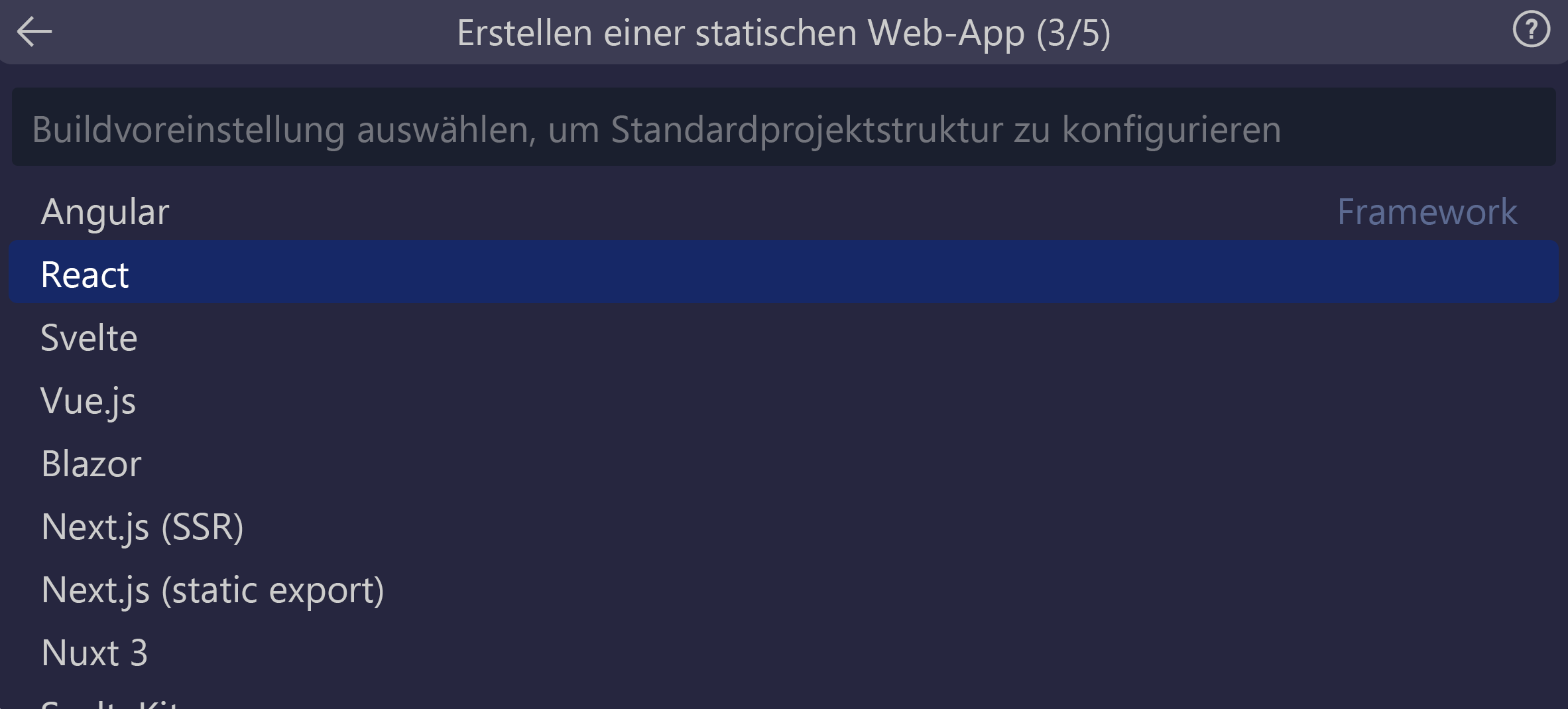 Screenshot der ausgewählten Option „React“.