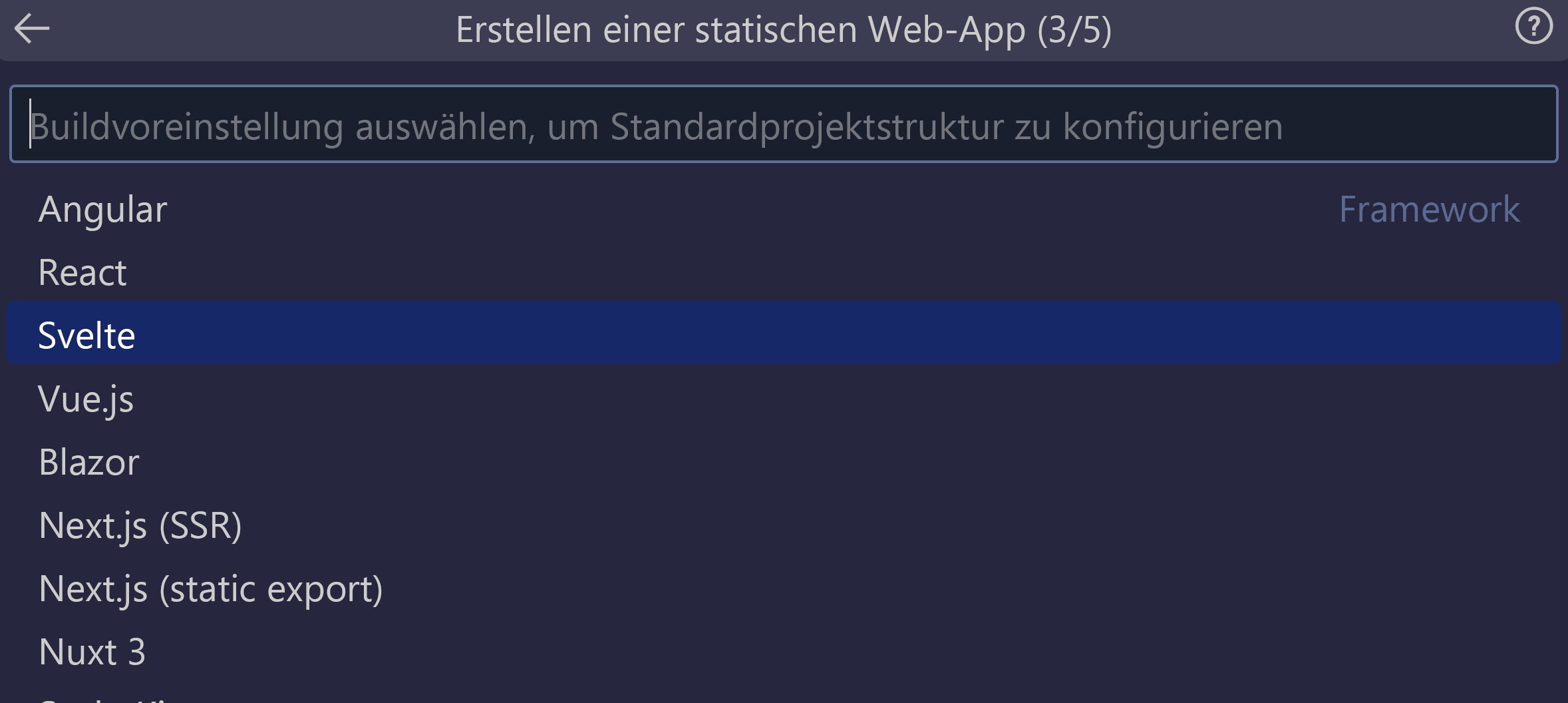 Screenshot mit der ausgewählten Option „Svelte“.