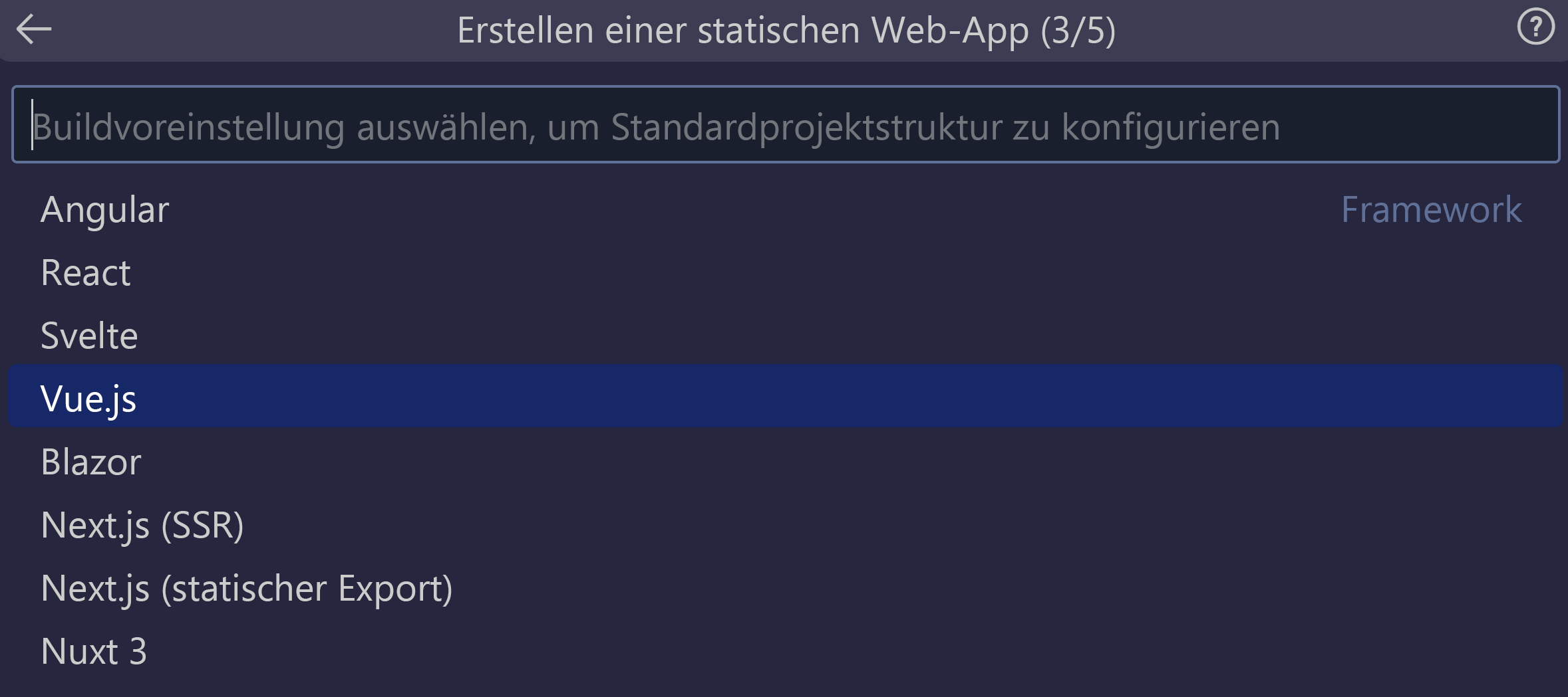 Screenshot der ausgewählten Option „Vue“.