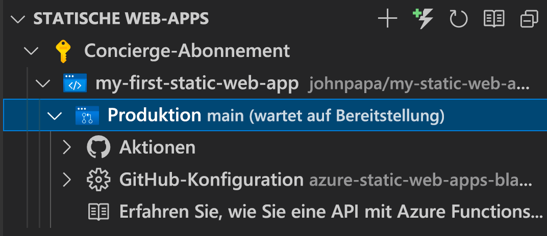 Screenshot: Die Benutzeroberfläche von VS Code mit „WaitingforDeployment“