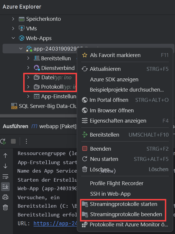 Screenshot: Das Kontextmenü für die Web-App im Fenster „Azure Explorer“