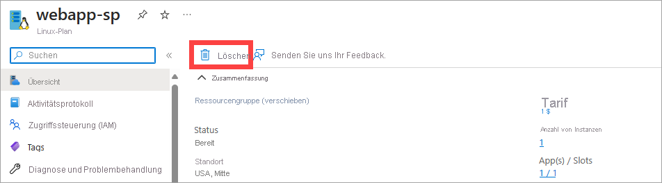 Screenshot: Der*Die Benutzer*in löscht den App Service-Plan im Azure-Portal.