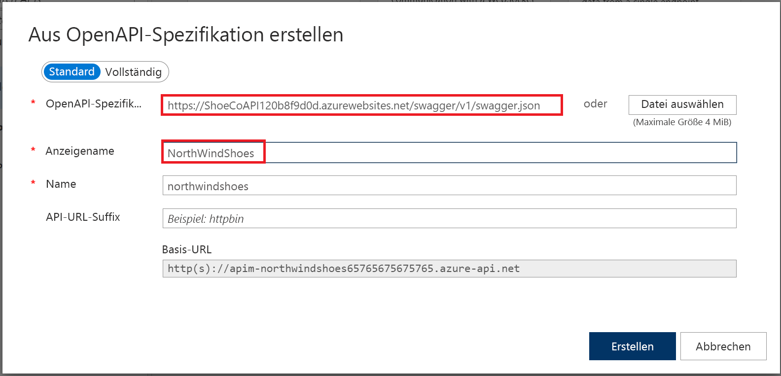 Screenshot: Importeinstellungen für die OpenAPI-Spezifikation mit hervorgehobenen Feldern für die OpenAPI-Spezifikation und den Anzeigenamen