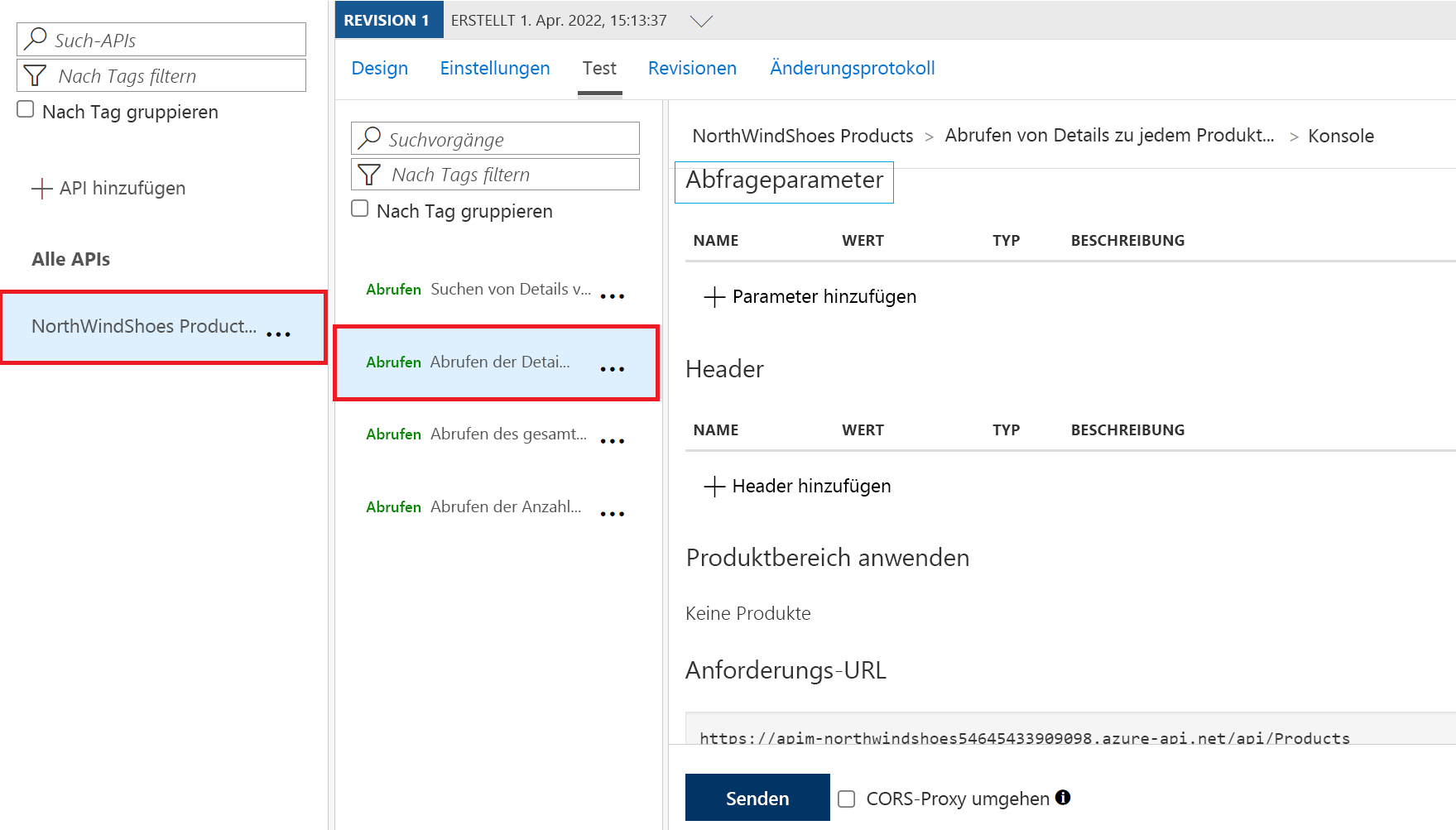 Screenshot: API-Konfiguration im Azure-Portal mit hervorgehobenem GET-Anforderungstest für eine importierte API