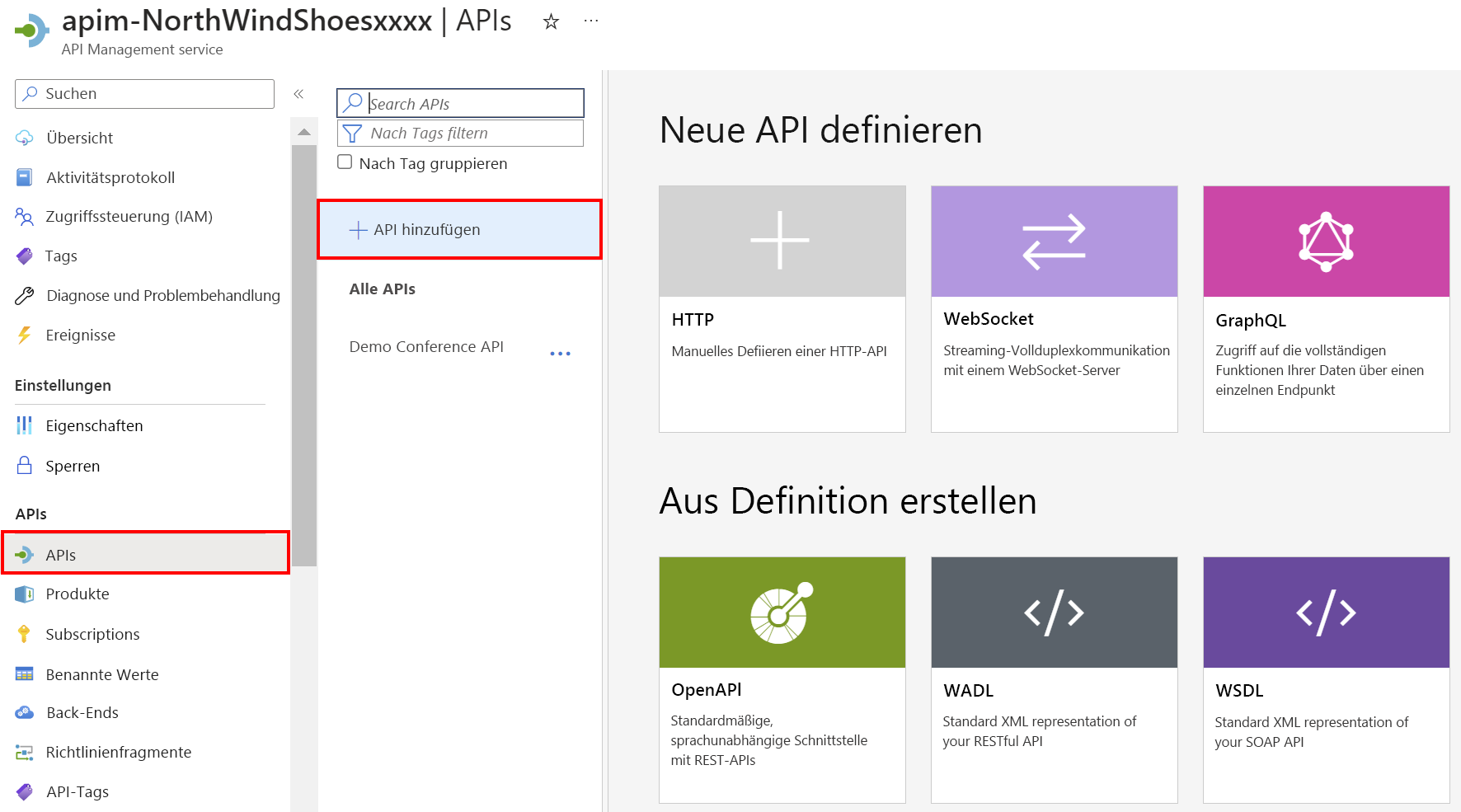 Screenshot: Azure-Portal mit API Management-Dienst mit hervorgehobenem und ausgewähltem API-Bereich