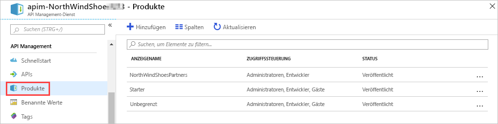 Screenshot: Azure-Portal mit API Management mit hervorgehobenem Produktabschnitt