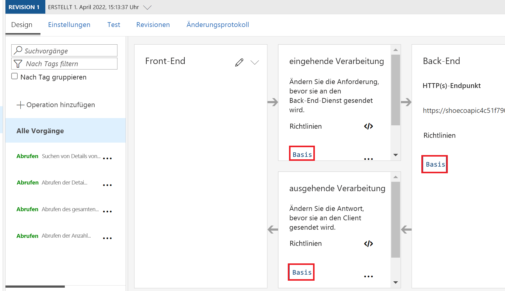 Screenshot: Azure-Portal mit der API-Konfiguration für alle Vorgänge mit hervorgehobenen grundlegenden Richtlinien für die Abschnitte „eingehend“, „ausgehend“ und „Back-End“