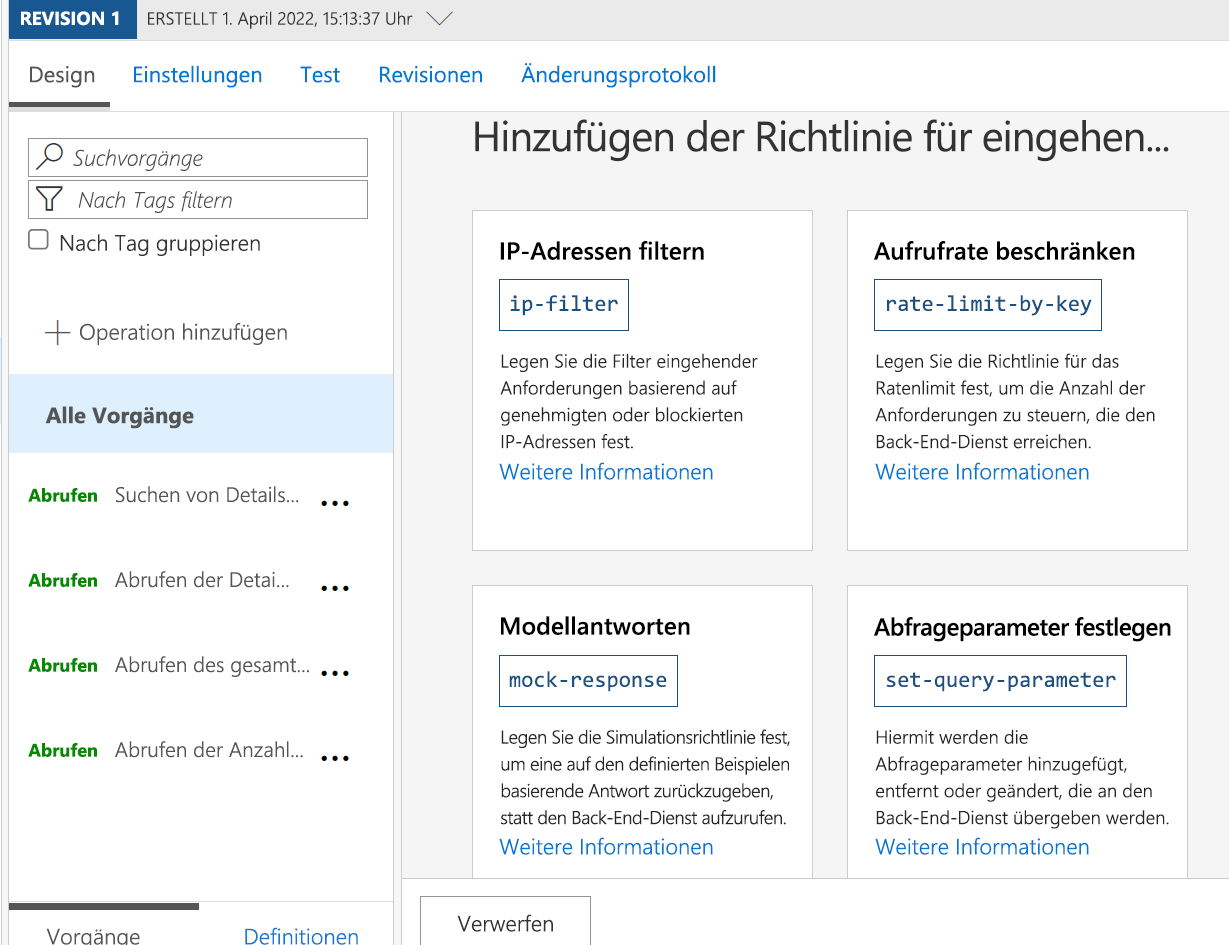 Screenshot: Azure-Portal mit  Richtlinienoptionen zur eingehenden Verarbeitung für die API-Konfiguration