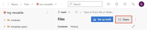 Screenshot: Azure DevOps mit dem Repository mit hervorgehobener Schaltfläche „Klonen“