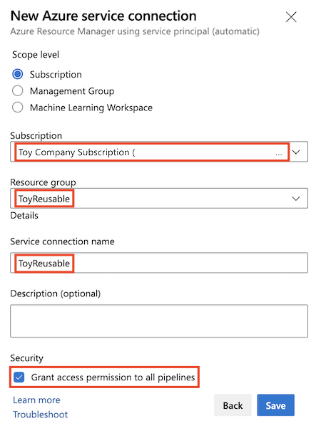 Screenshot des Azure DevOps-Bereichs „Neue Azure-Dienstverbindung“ mit eingetragenen Details und hervorgehobener Schaltfläche „Speichern“.