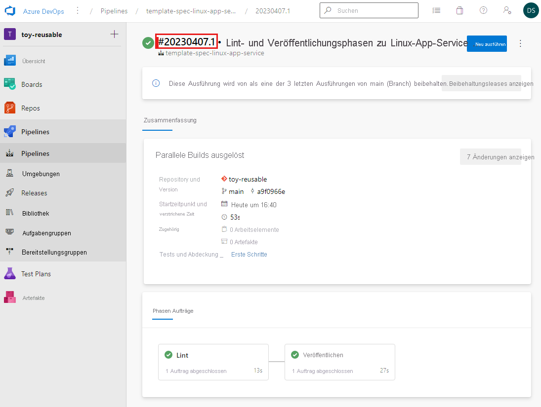 Screenshot: Azure Pipelines mit Anzeige einer erfolgreichen Pipelineausführung und hervorgehobener Buildnummer