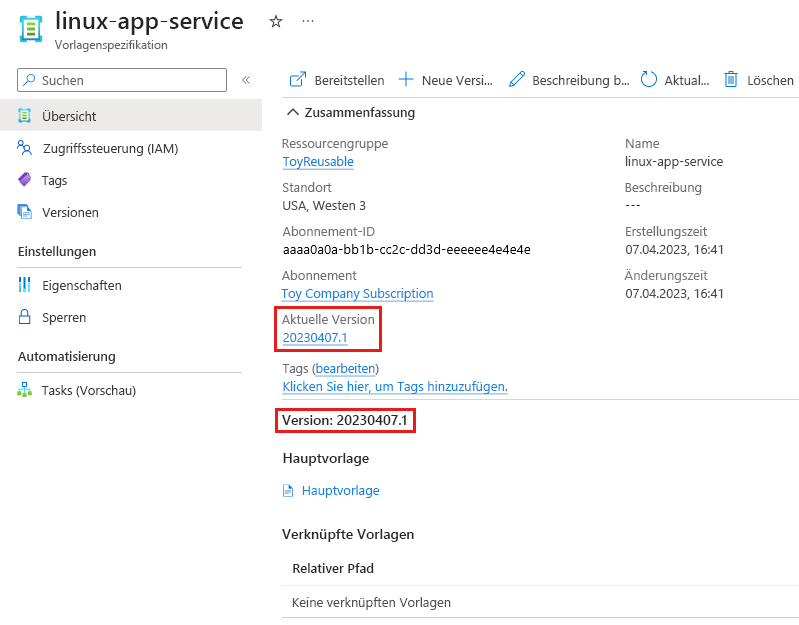 Screenshot des Azure-Portals: Ressourcengruppe mit Details zu den Vorlagenspezifikationen