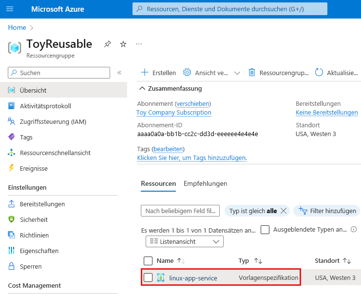 Screenshot des Azure-Portals: Ressourcengruppe mit hervorgehobenen Vorlagenspezifikationen