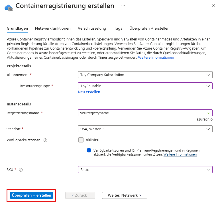 Screenshot: Azure-Portal mit der Seite zum Erstellen der Containerregistrierung