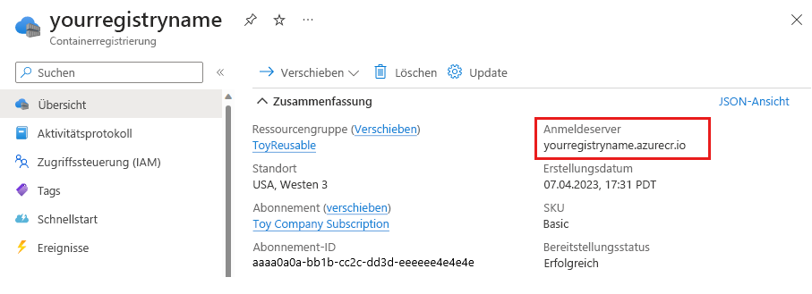 Screenshot: Azure-Portal mit Anzeige von Details zur Containerregistrierung und hervorgehobenem Anmeldeserver