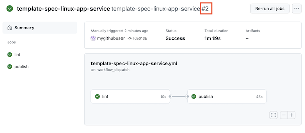 Screenshot: Erfolgreiche Workflowausführung in GitHub mit hervorgehobener Ausführungsnummer