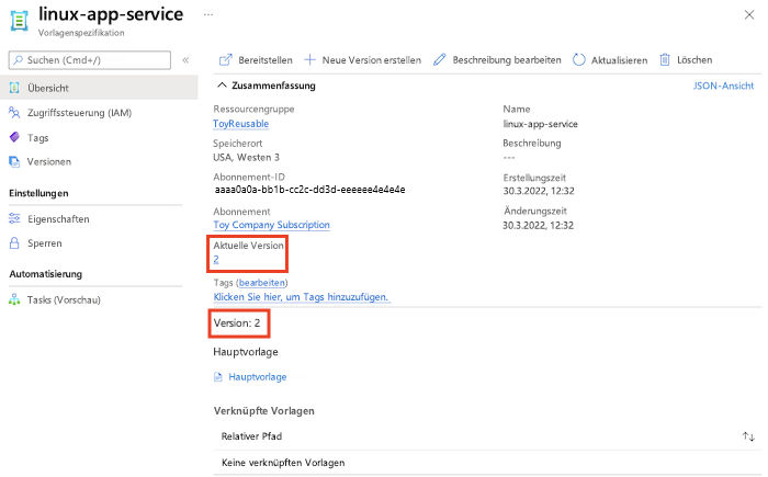 Screenshot des Azure-Portals: Ressourcengruppe mit Details zu den Vorlagenspezifikationen